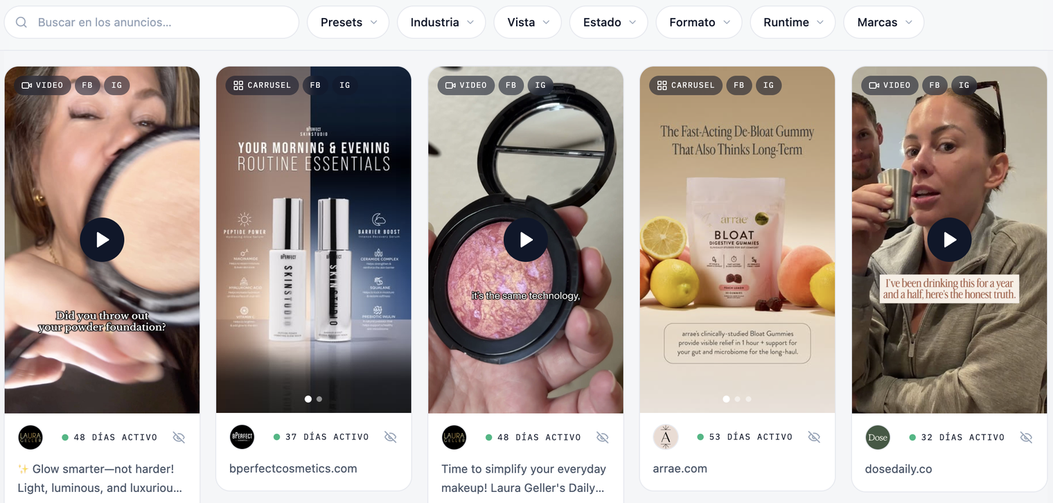 Muro de anuncios ganadores de Zora, con los días que lleva activo cada anuncio y filtros por industria, formato y tiempo corriendo